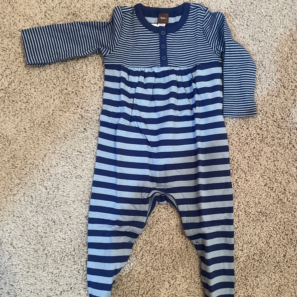 Tea Collection One Piece Blue Striped Long Sleeve Romper 12-18m NWT